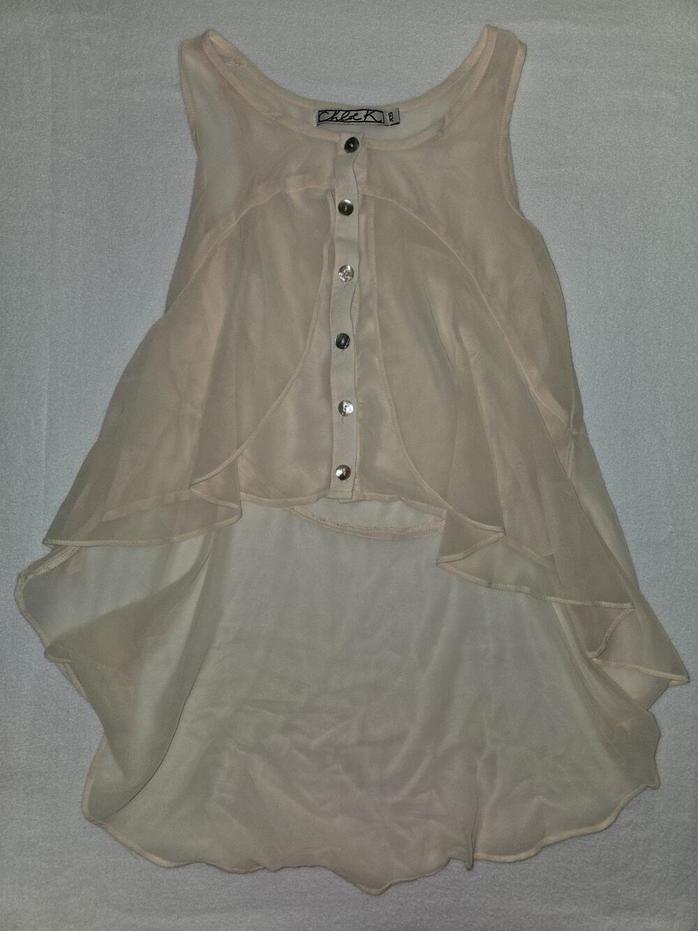 Chloe K sheer, beige sleeveless tank ruffled front button-down Size XS